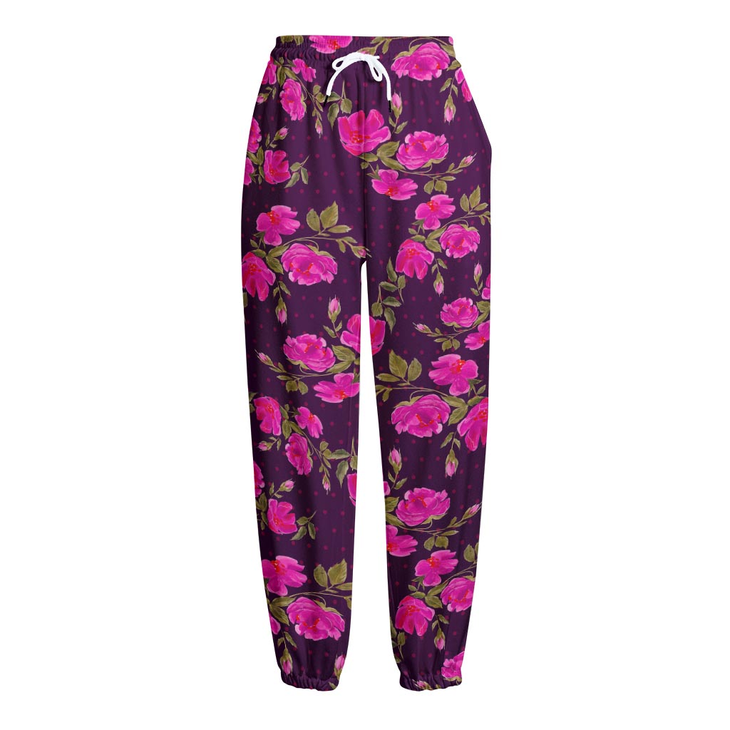 Purple Floral Flower Pattern Print Fleece Lined Knit Pants