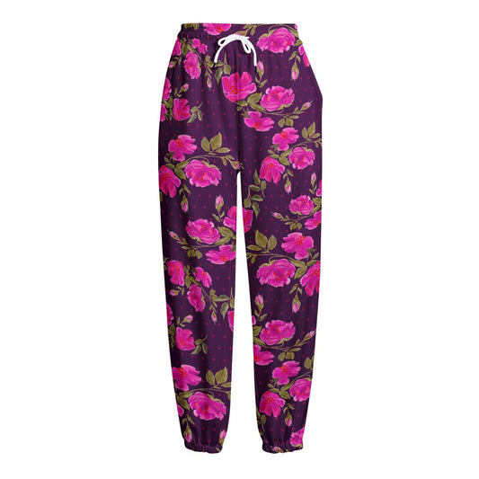 Purple Floral Flower Pattern Print Fleece Lined Knit Pants