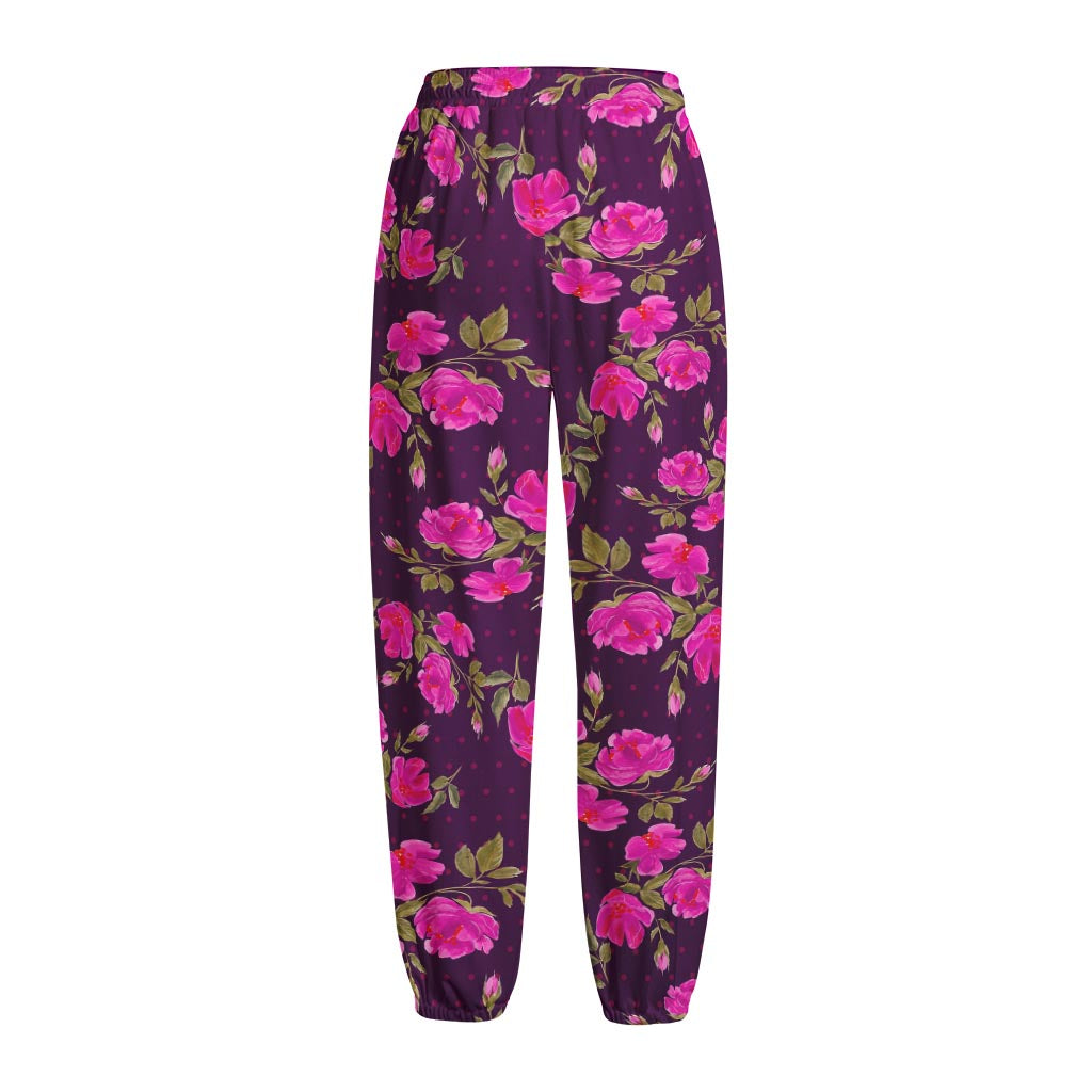 Purple Floral Flower Pattern Print Fleece Lined Knit Pants