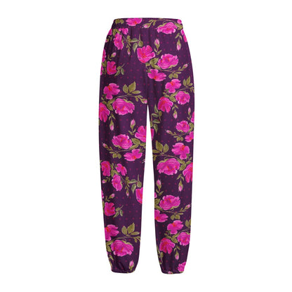 Purple Floral Flower Pattern Print Fleece Lined Knit Pants