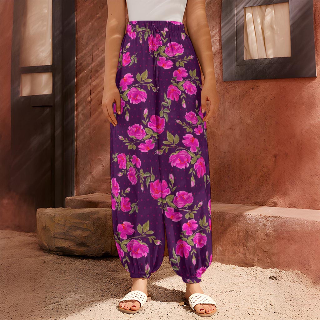 Purple Floral Flower Pattern Print Harem Pants