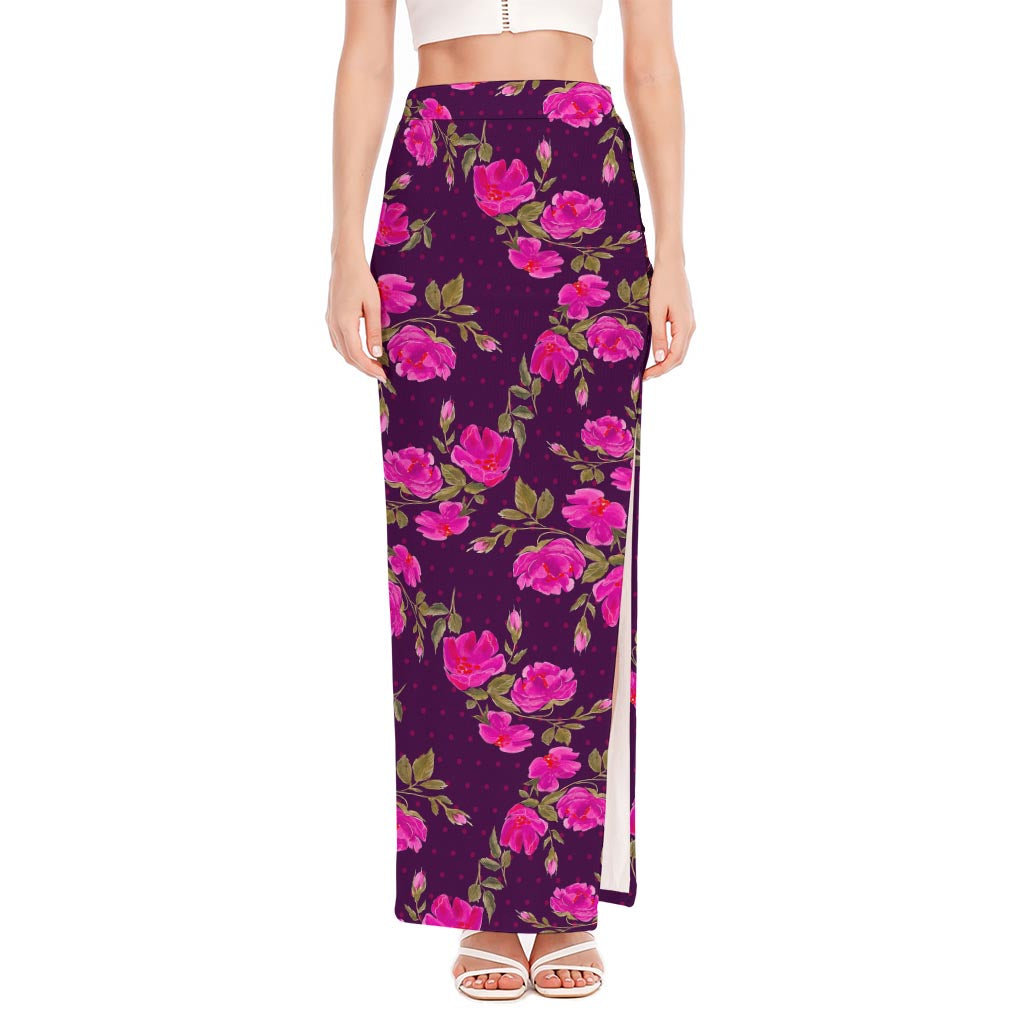 Purple Floral Flower Pattern Print High Slit Maxi Skirt