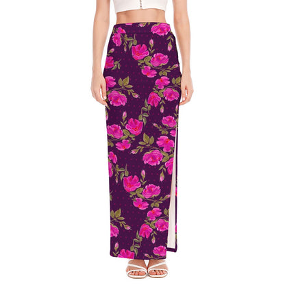 Purple Floral Flower Pattern Print High Slit Maxi Skirt