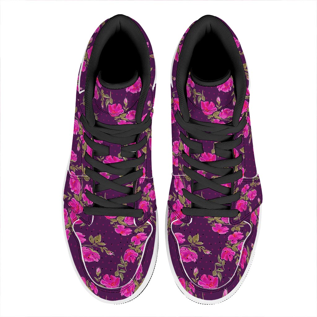 Purple Floral Flower Pattern Print High Top Leather Sneakers