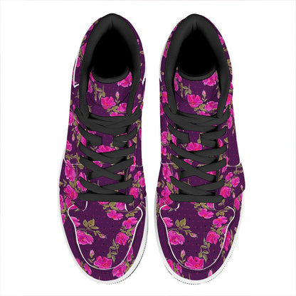 Purple Floral Flower Pattern Print High Top Leather Sneakers