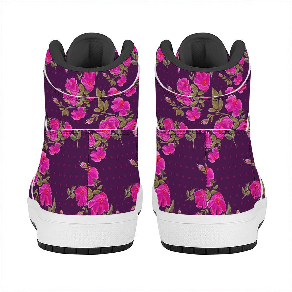 Purple Floral Flower Pattern Print High Top Leather Sneakers