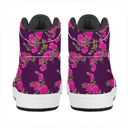 Purple Floral Flower Pattern Print High Top Leather Sneakers