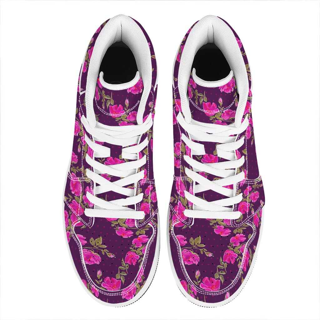 Purple Floral Flower Pattern Print High Top Leather Sneakers