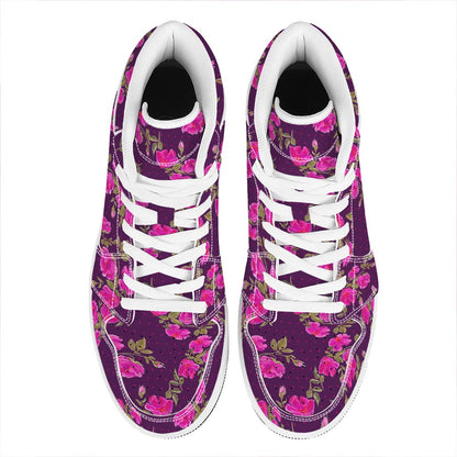 Purple Floral Flower Pattern Print High Top Leather Sneakers