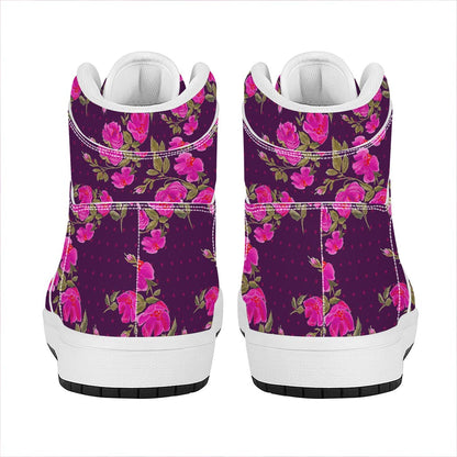 Purple Floral Flower Pattern Print High Top Leather Sneakers