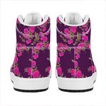Purple Floral Flower Pattern Print High Top Leather Sneakers