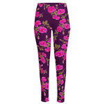 Purple Floral Flower Pattern Print High-Waisted Pocket Leggings