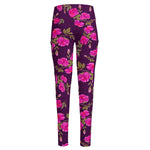 Purple Floral Flower Pattern Print High-Waisted Pocket Leggings