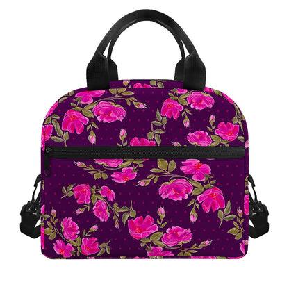 Purple Floral Flower Pattern Print Insulated Lunch Bag