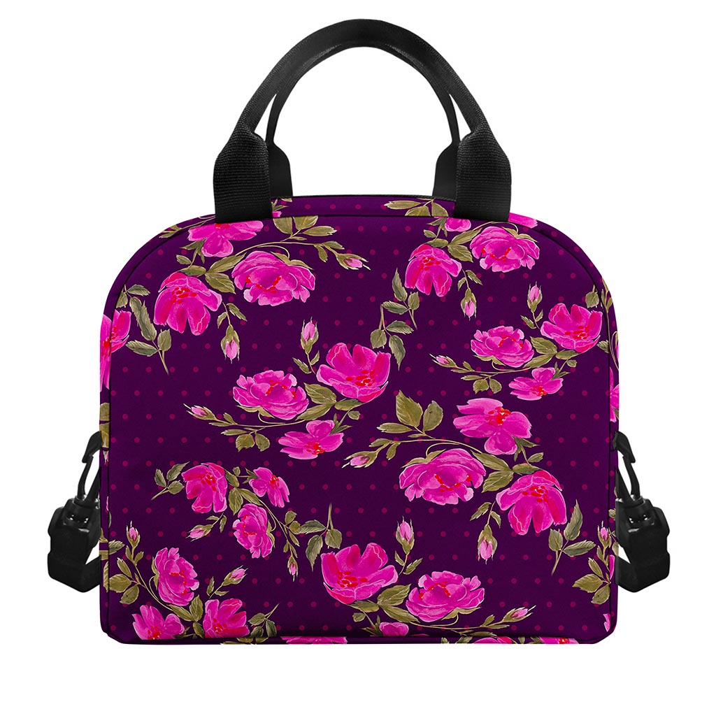 Purple Floral Flower Pattern Print Insulated Lunch Bag