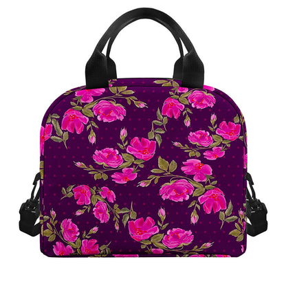 Purple Floral Flower Pattern Print Insulated Lunch Bag