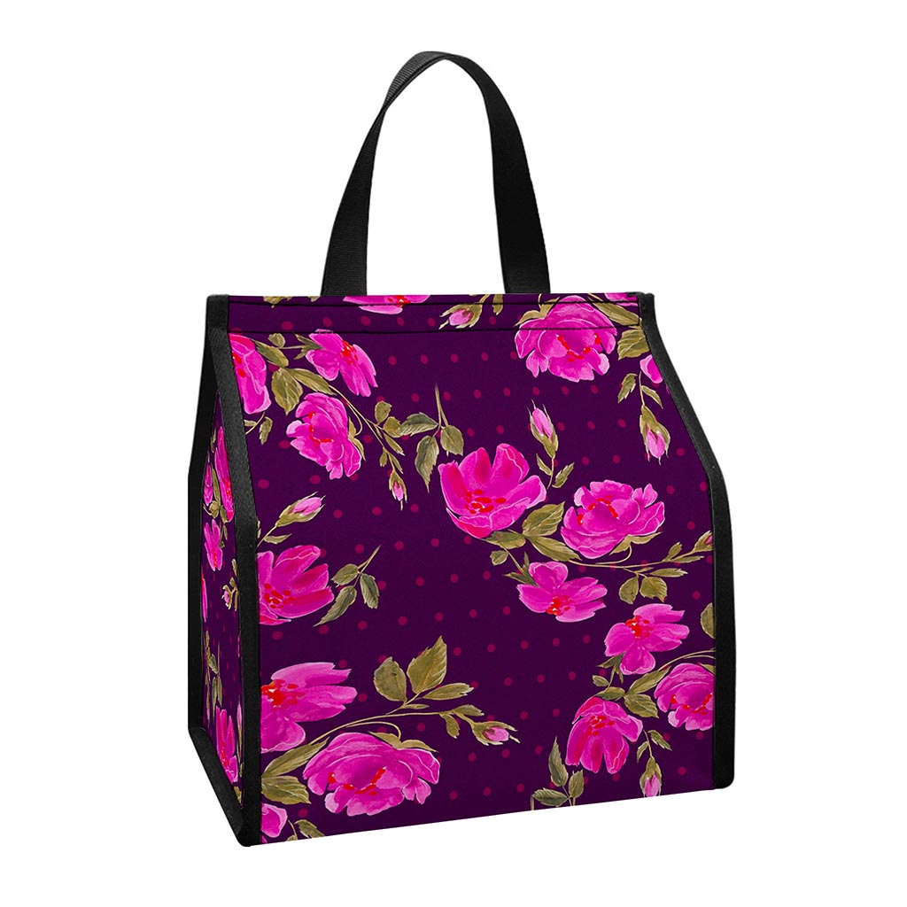Purple Floral Flower Pattern Print Insulated Lunch Tote