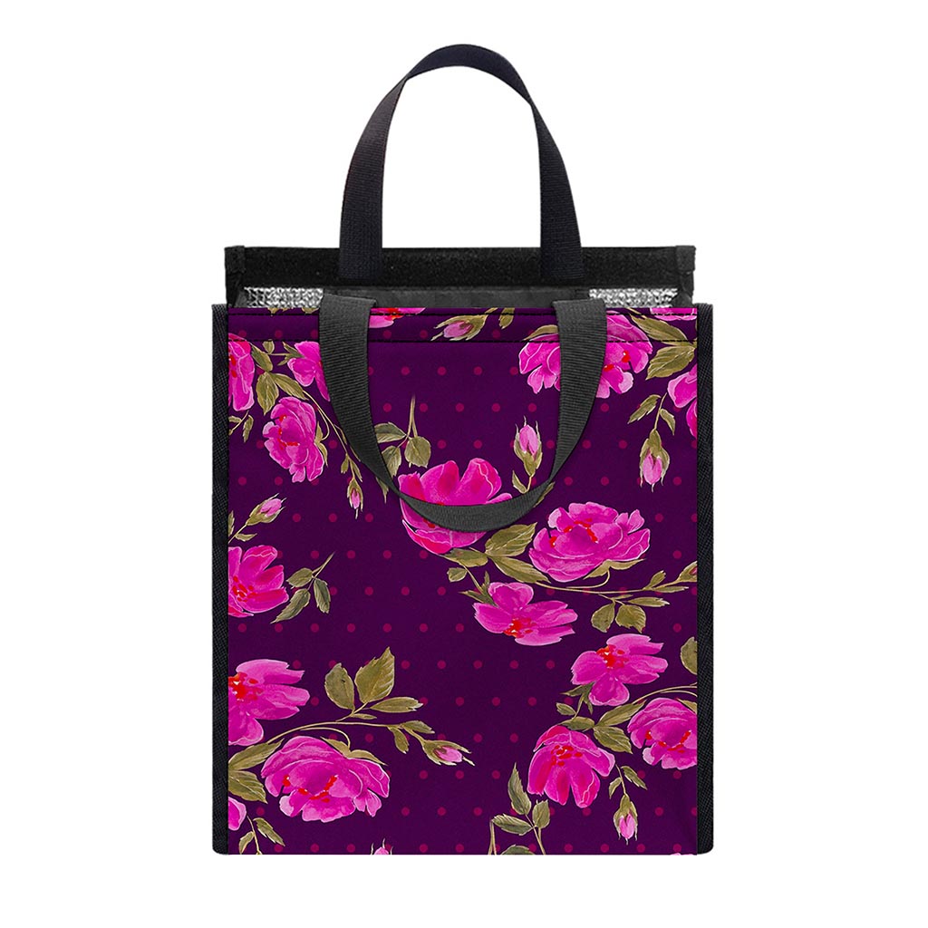 Purple Floral Flower Pattern Print Insulated Lunch Tote