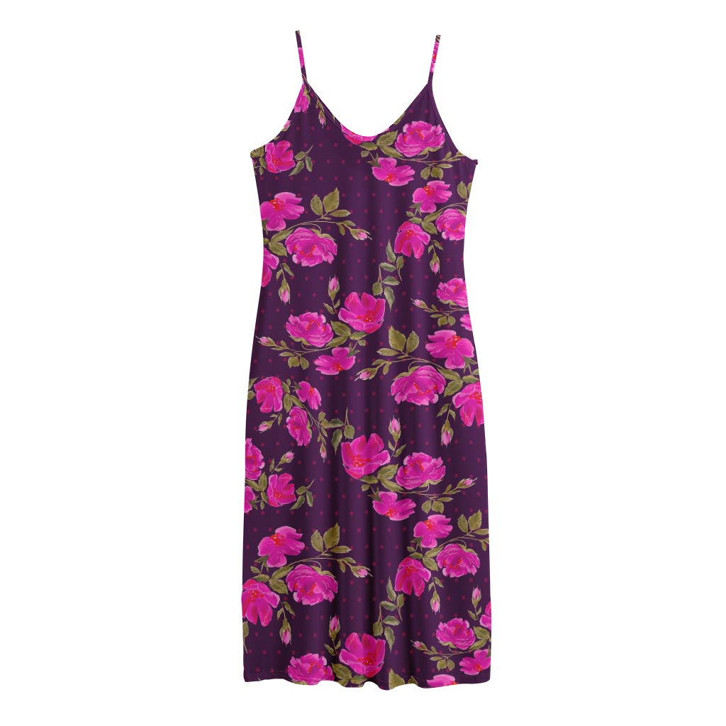 Purple Floral Flower Pattern Print Jersey Midi Cami Dress