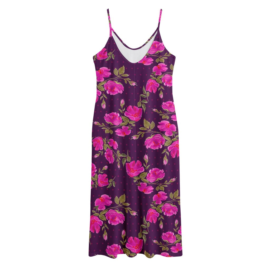 Purple Floral Flower Pattern Print Jersey Midi Cami Dress