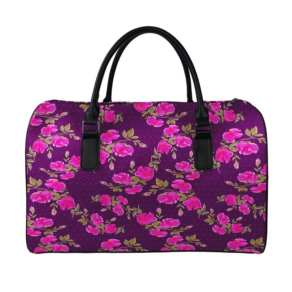 Purple Floral Flower Pattern Print Leather Duffle Bag