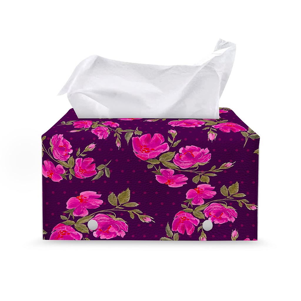 Purple Floral Flower Pattern Print Leather Tissue Box Cover
