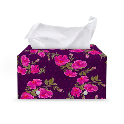 Purple Floral Flower Pattern Print Leather Tissue Box Cover