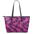 Purple Floral Flower Pattern Print Leather Tote Bag With Zipper