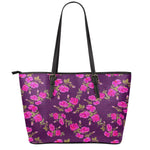 Purple Floral Flower Pattern Print Leather Tote Bag
