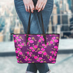 Purple Floral Flower Pattern Print Leather Tote Bag