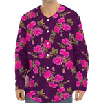 Purple Floral Flower Pattern Print Long Sleeve Baseball Jersey