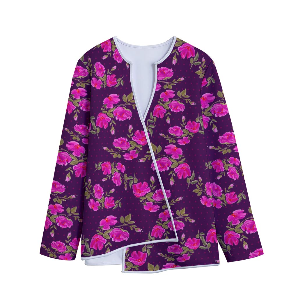 Purple Floral Flower Pattern Print Long Sleeve Short Coat