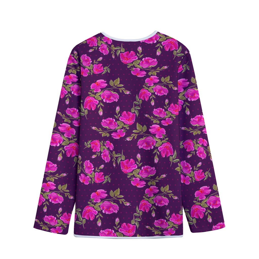 Purple Floral Flower Pattern Print Long Sleeve Short Coat
