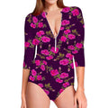 Purple Floral Flower Pattern Print Long Sleeve Swimsuit