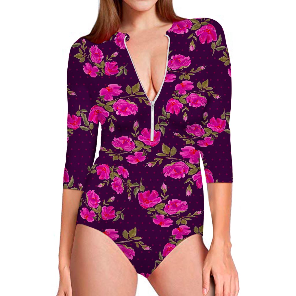 Purple Floral Flower Pattern Print Long Sleeve Swimsuit