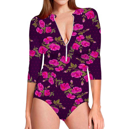 Purple Floral Flower Pattern Print Long Sleeve Swimsuit
