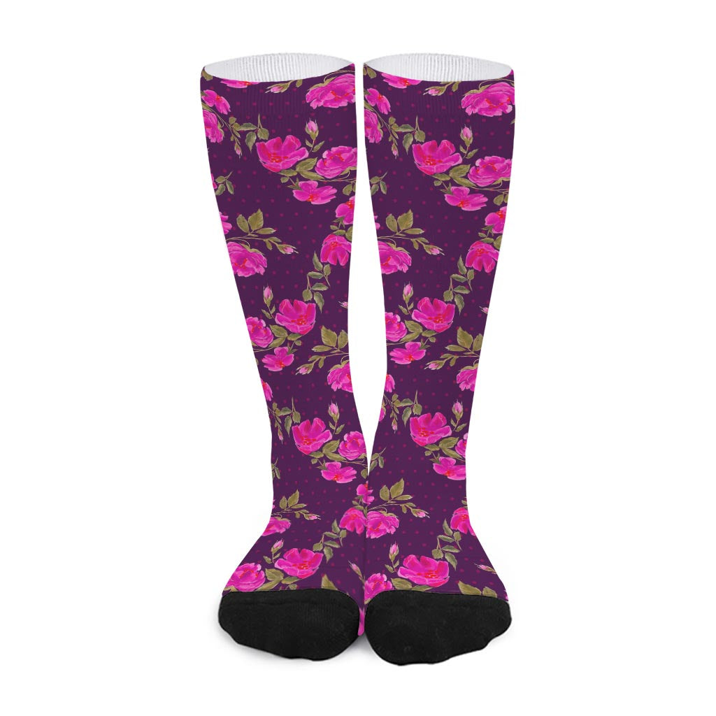 Purple Floral Flower Pattern Print Long Socks
