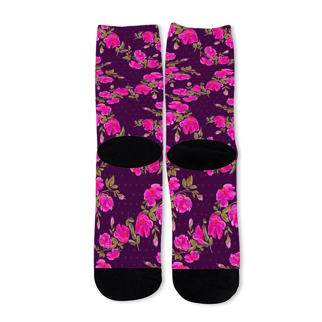 Purple Floral Flower Pattern Print Long Socks