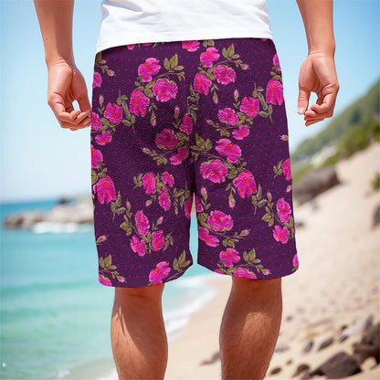 Purple Floral Flower Pattern Print Men's Cargo Shorts