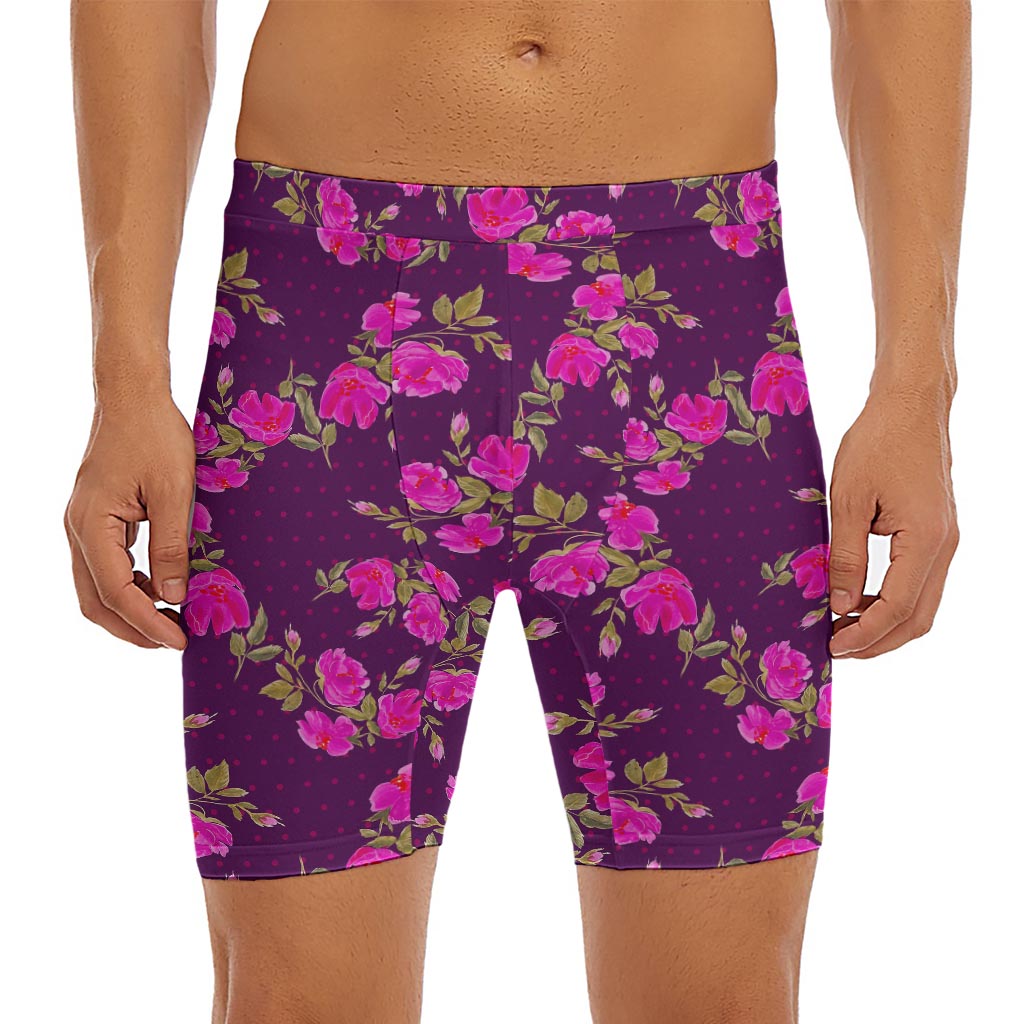 Purple Floral Flower Pattern Print Men's Long Boxer Briefs