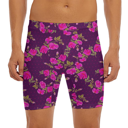Purple Floral Flower Pattern Print Men's Long Boxer Briefs
