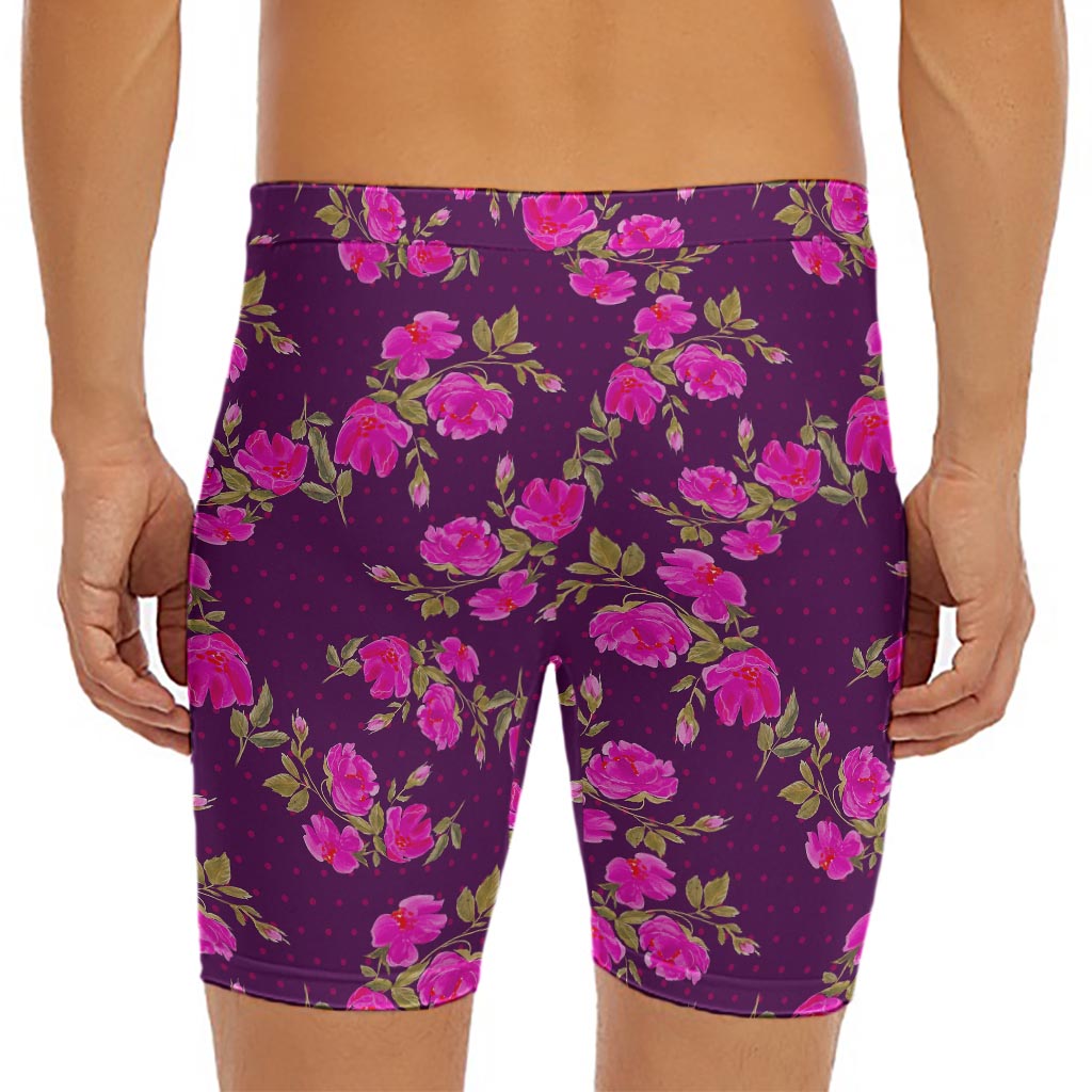 Purple Floral Flower Pattern Print Men's Long Boxer Briefs