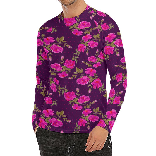 Purple Floral Flower Pattern Print Men's Long Sleeve Rash Guard