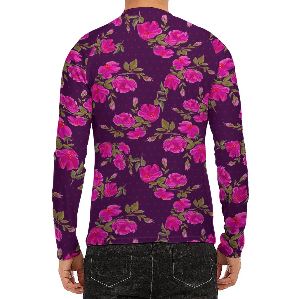 Purple Floral Flower Pattern Print Men's Long Sleeve Rash Guard
