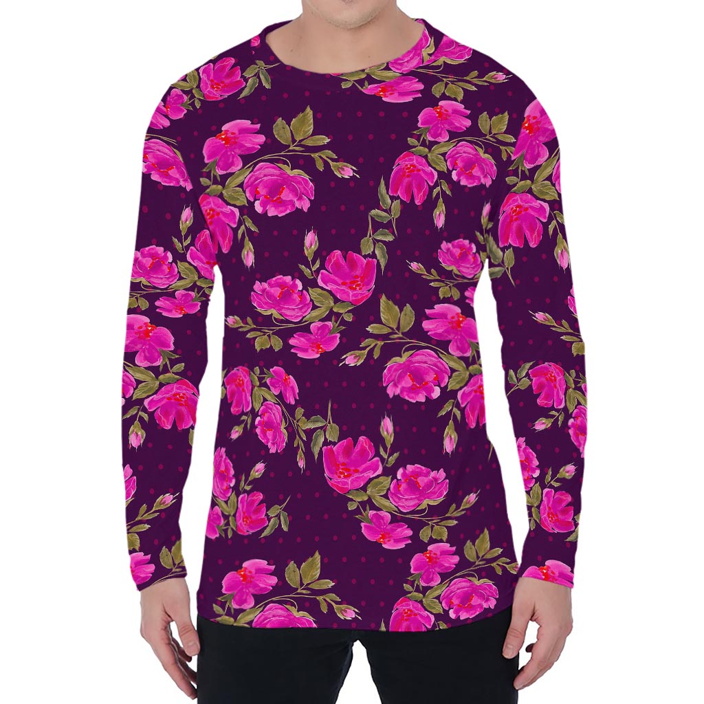 Purple Floral Flower Pattern Print Men's Long Sleeve T-Shirt