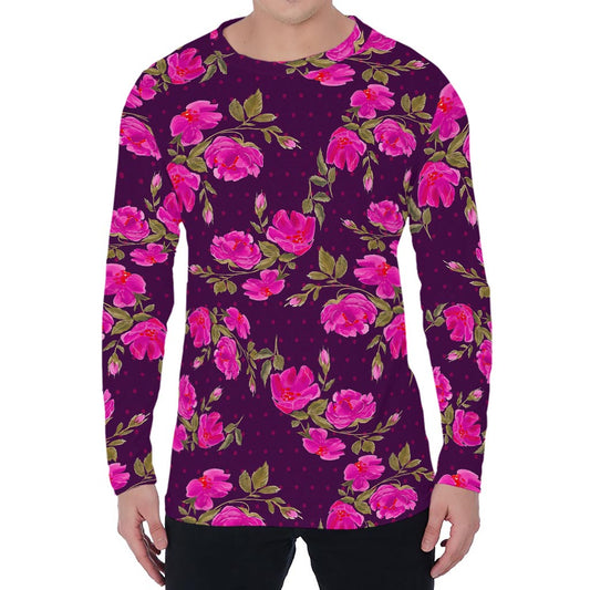Purple Floral Flower Pattern Print Men's Long Sleeve T-Shirt