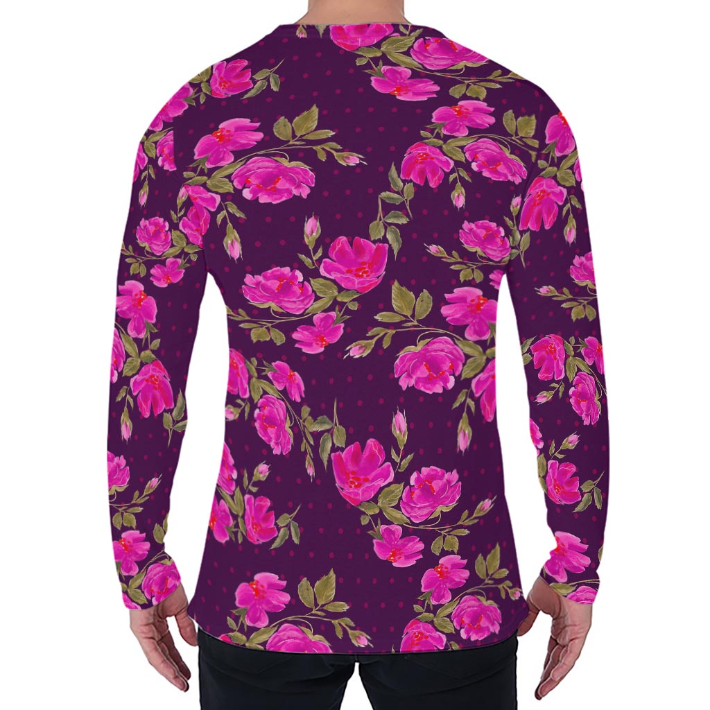 Purple Floral Flower Pattern Print Men's Long Sleeve T-Shirt