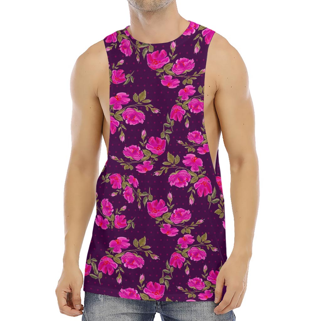 Purple Floral Flower Pattern Print Men's Muscle Tank Top