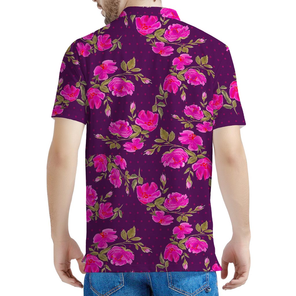 Purple Floral Flower Pattern Print Men's Polo Shirt
