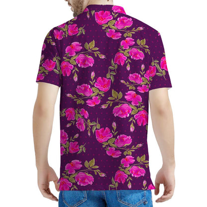 Purple Floral Flower Pattern Print Men's Polo Shirt